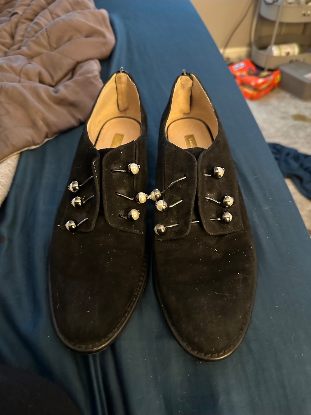 Women’s Black Suede Dress Shoes with Decorative Buttons